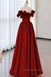 Wine Red Satin Long Semi Formal Prom Dress Party Dress, Wine Red A-Line Long Wedding Party Dress